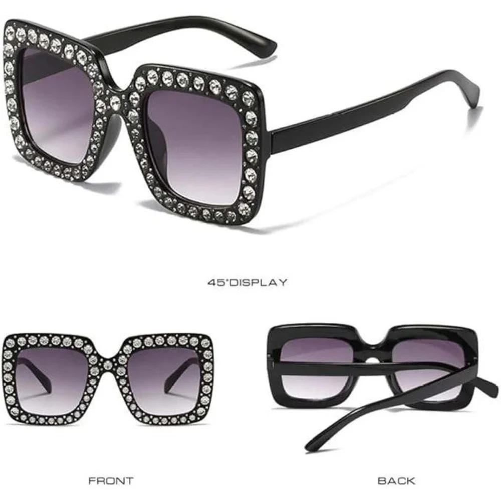 Rhinestone Sunglasses Women's Fashion Square Black Frame Shades UV400 Protect‎